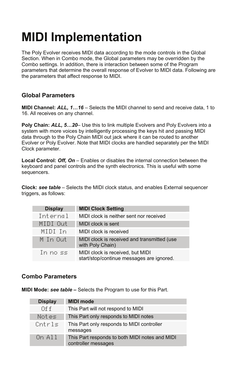 Midi implementation, Global parameters | Dave Smith Instruments POLY EVOLVER KEYBOARD User Manual | Page 48 / 76