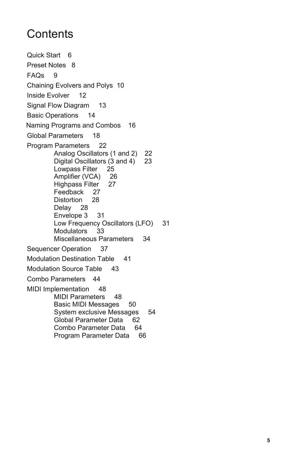 Quick start 6, Faqs 9, Inside evolver 12 | Signal flow diagram 13, Global parameters 18, Program parameters 22, Sequencer operation 37, Modulation destination table 41, Modulation source table 43, Combo parameters 44 | Dave Smith Instruments POLY EVOLVER KEYBOARD User Manual | Page 5 / 76