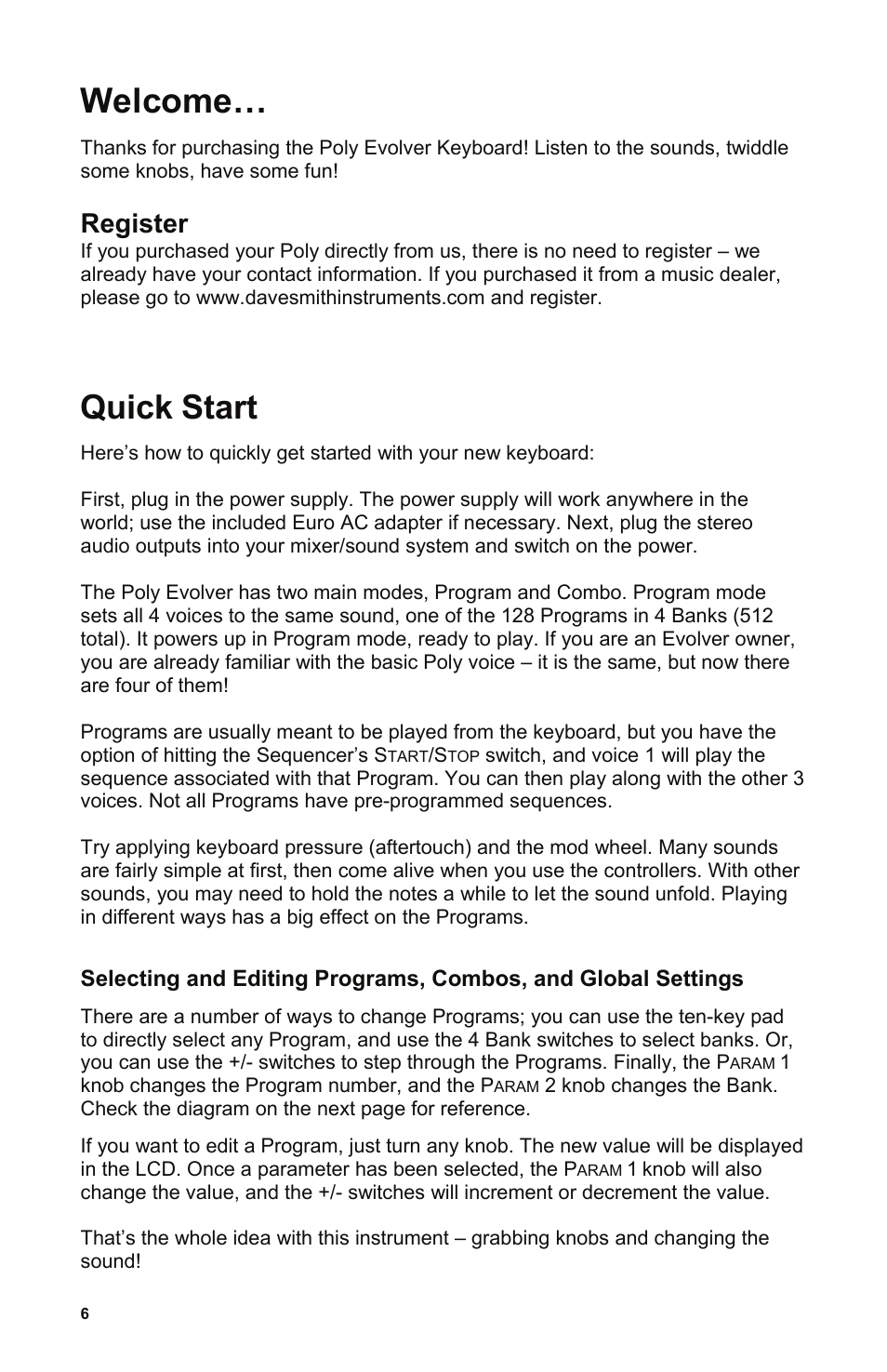 Register, Quick start, Welcome | Quick, Start | Dave Smith Instruments POLY EVOLVER KEYBOARD User Manual | Page 6 / 76
