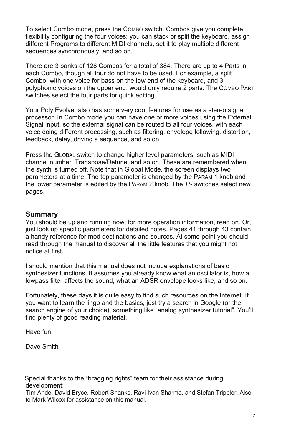 Summary | Dave Smith Instruments POLY EVOLVER KEYBOARD User Manual | Page 7 / 76