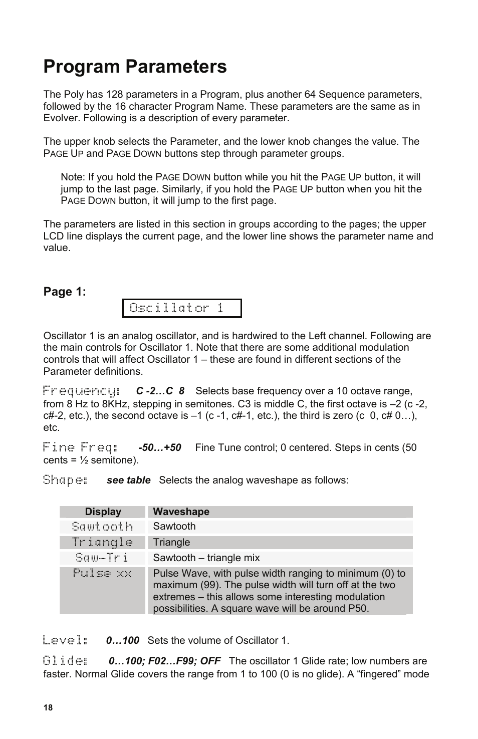 Program parameters, Page 1 | Dave Smith Instruments POLY EVOLVER RACK User Manual | Page 18 / 72