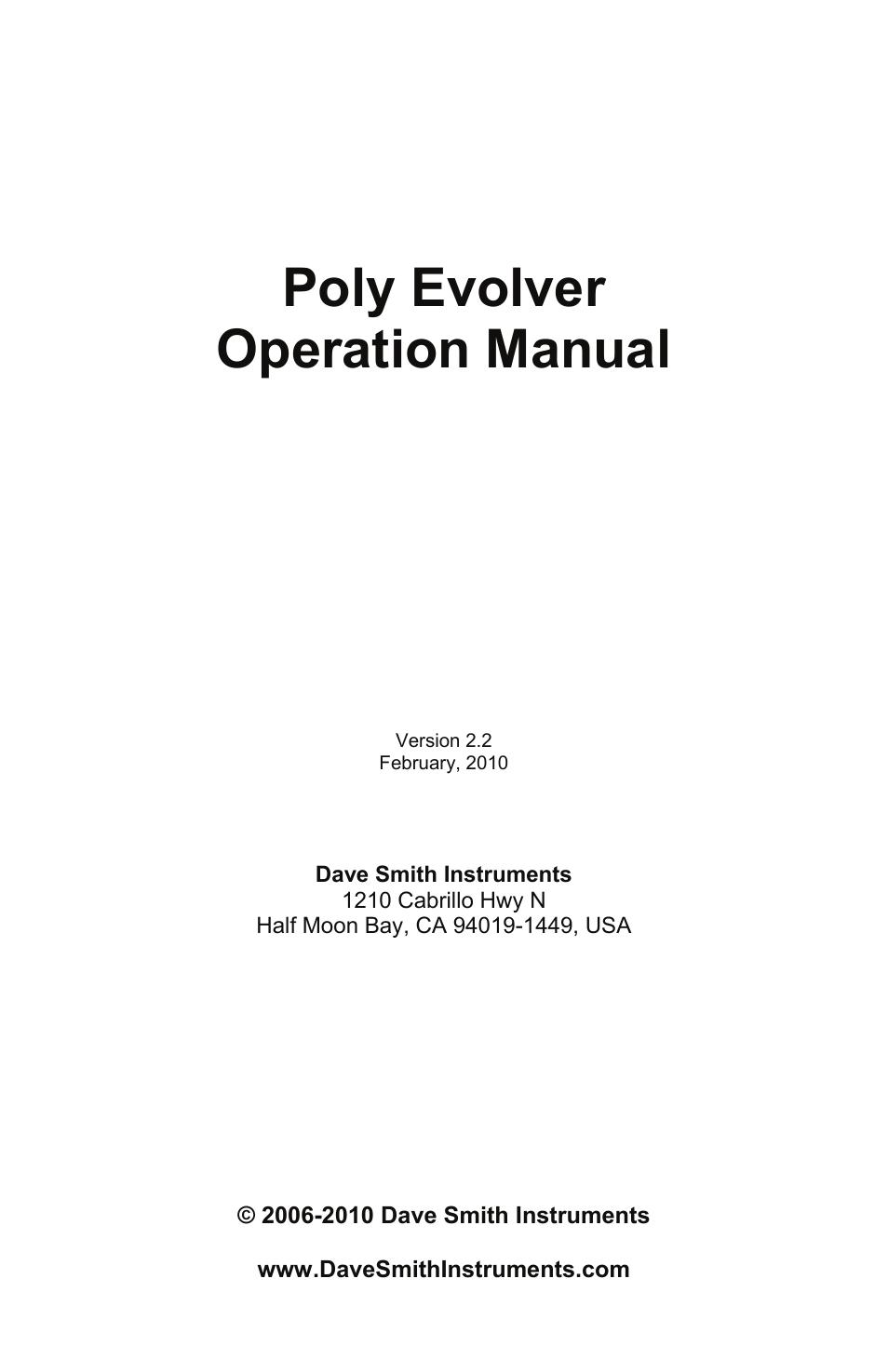 Dave smith instruments, 1210 cabrillo hwy n, Half moon bay, ca 94019-1449, usa | Poly evolver operation manual | Dave Smith Instruments POLY EVOLVER RACK User Manual | Page 3 / 72