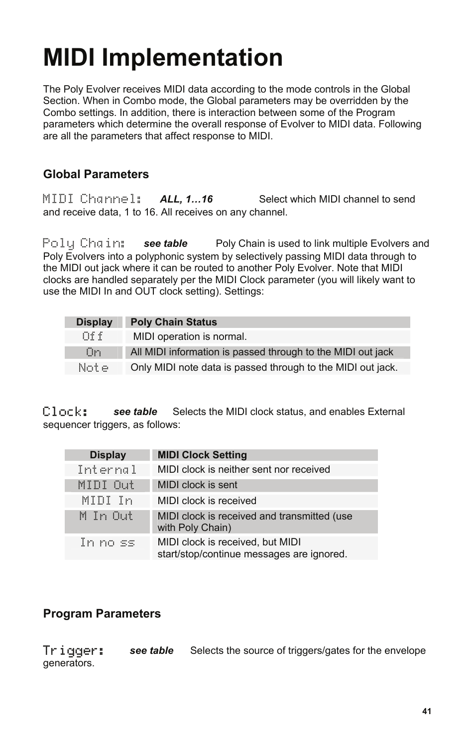 Midi implementation, Global parameters | Dave Smith Instruments POLY EVOLVER RACK User Manual | Page 41 / 72