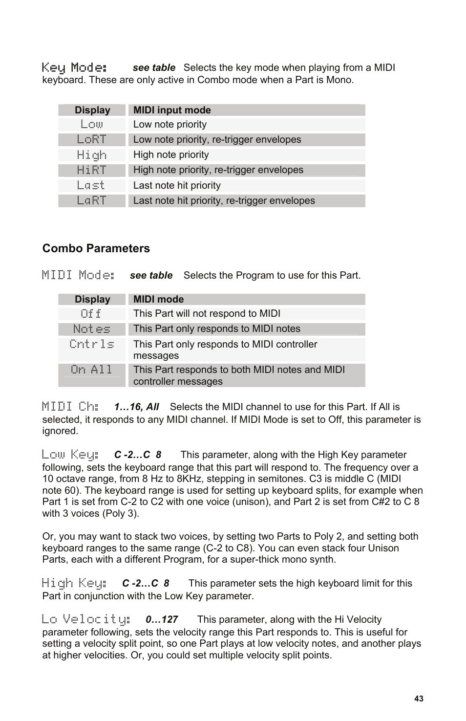 Combo parameters | Dave Smith Instruments POLY EVOLVER RACK User Manual | Page 43 / 72