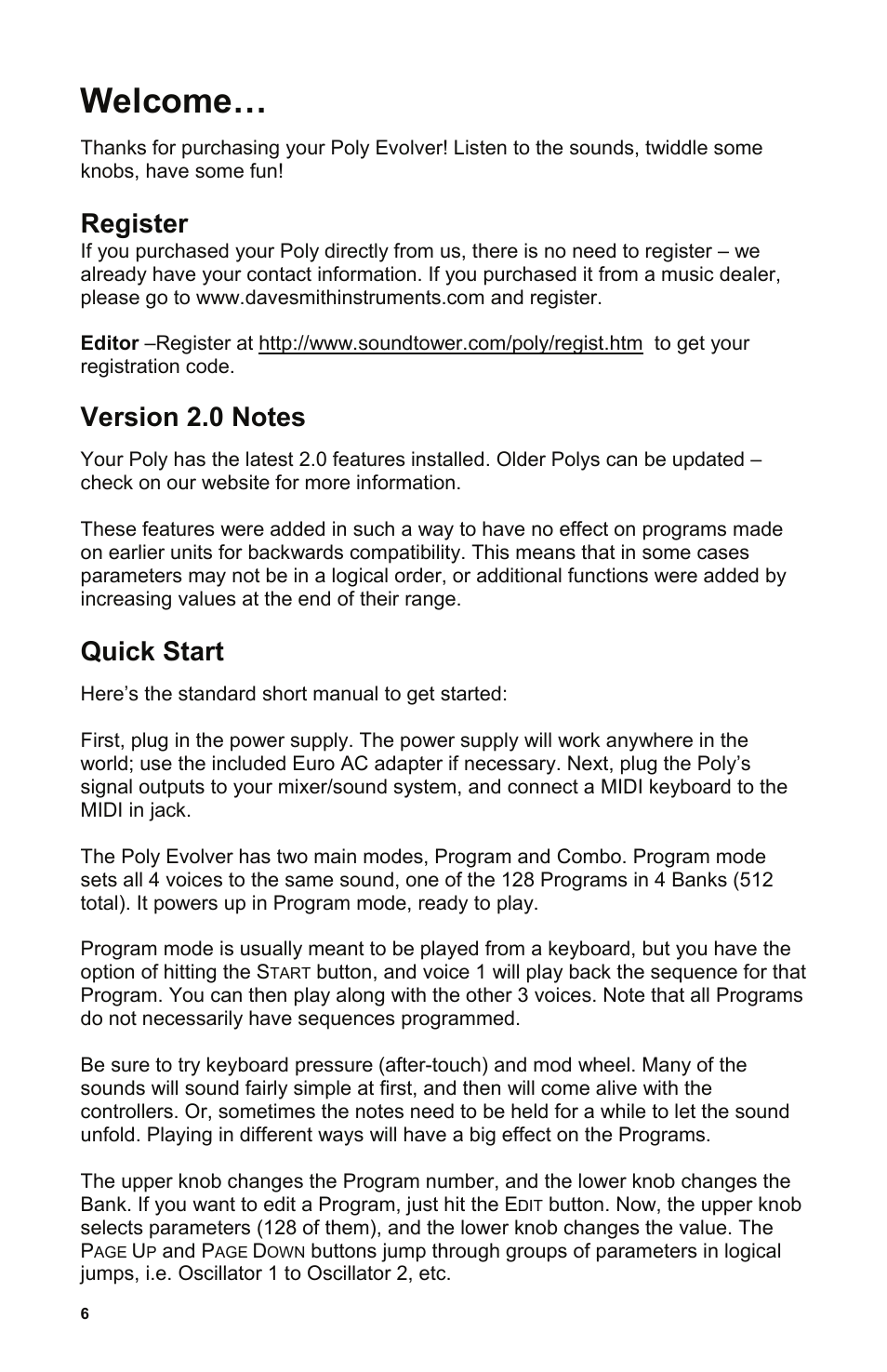 Register, Version 2.0 notes, Quick start | Welcome | Dave Smith Instruments POLY EVOLVER RACK User Manual | Page 6 / 72
