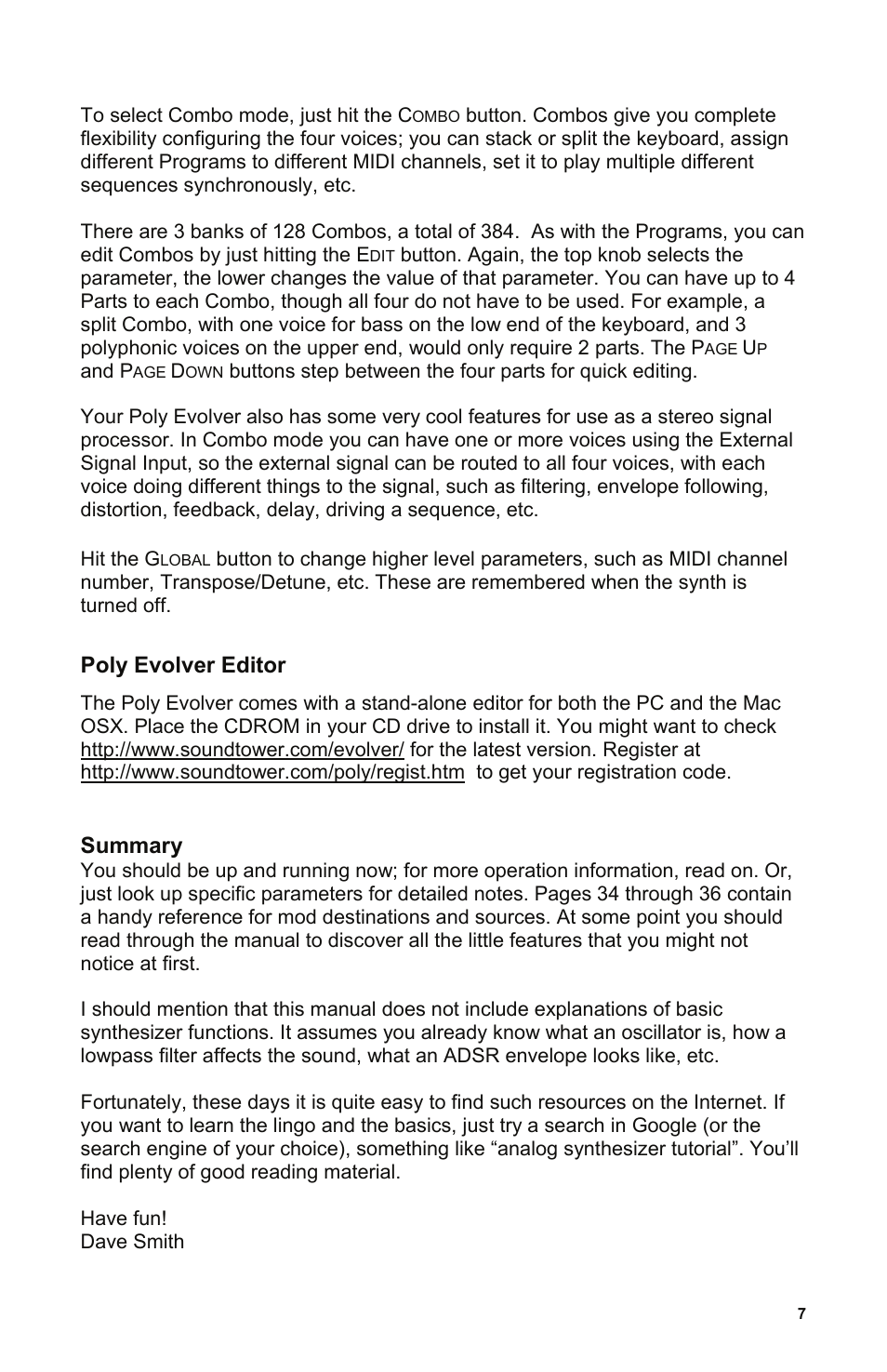Poly evolver editor, Summary | Dave Smith Instruments POLY EVOLVER RACK User Manual | Page 7 / 72