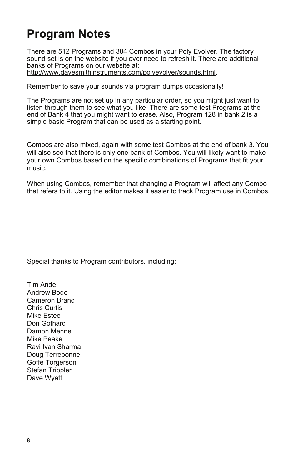 Program notes, Special thanks to program contributors, including, Tim ande | Dave Smith Instruments POLY EVOLVER RACK User Manual | Page 8 / 72