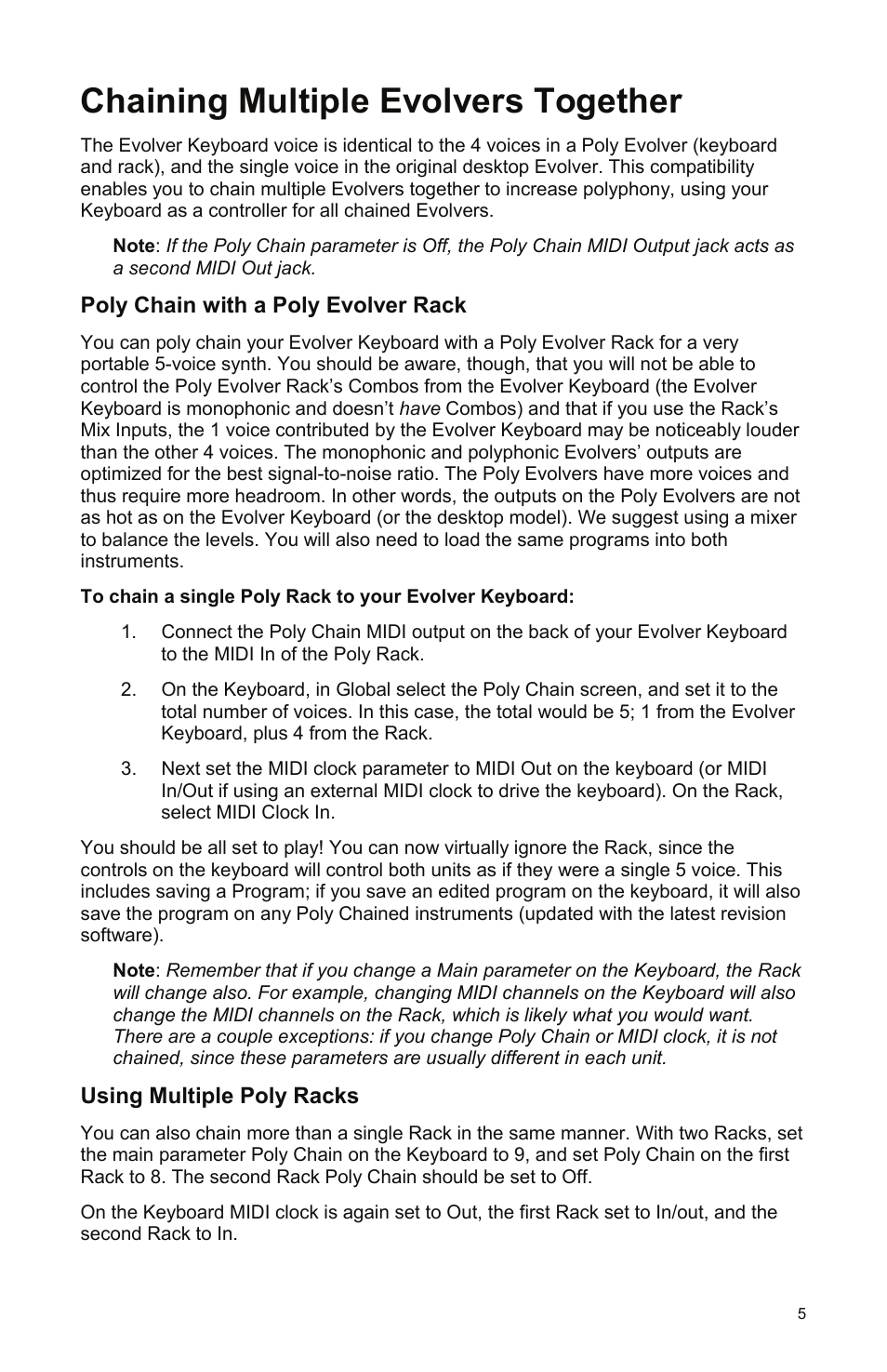 Chaining multiple evolvers together, Poly chain with a poly evolver rack, Using multiple poly racks | Dave Smith Instruments MONO EVOLVER KEYBOARD User Manual | Page 11 / 64
