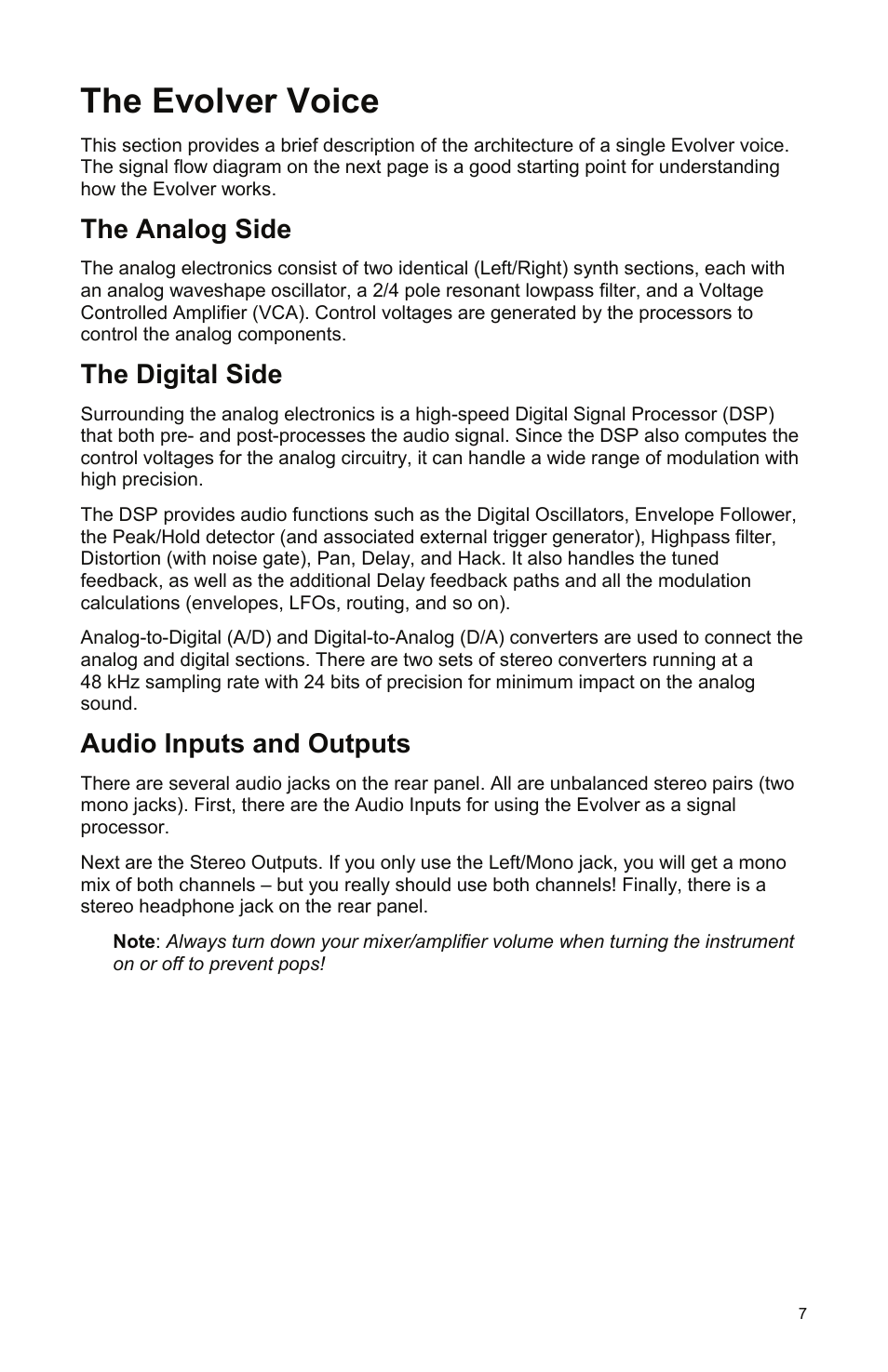 The analog side, The digital side, Audio inputs and outputs | The evolver voice | Dave Smith Instruments MONO EVOLVER KEYBOARD User Manual | Page 13 / 64