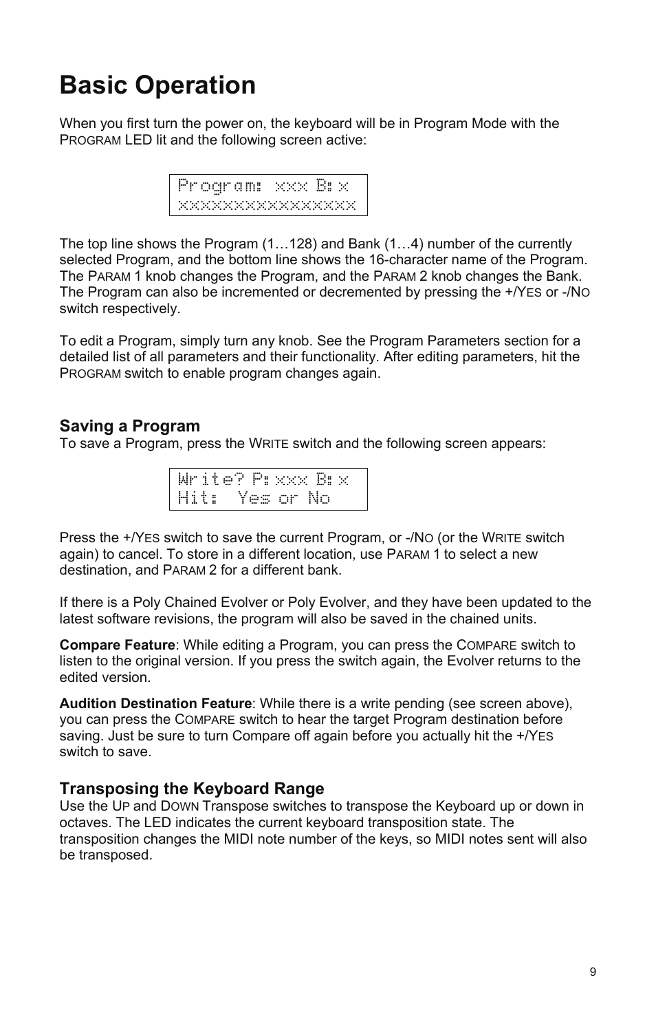 Basic operation, Saving a program, Transposing the keyboard range | Dave Smith Instruments MONO EVOLVER KEYBOARD User Manual | Page 15 / 64