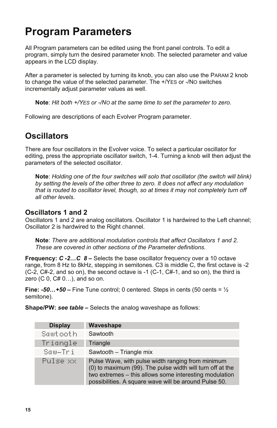 Program parameters, Oscillators, Oscillators 1 and 2 | Dave Smith Instruments MONO EVOLVER KEYBOARD User Manual | Page 21 / 64