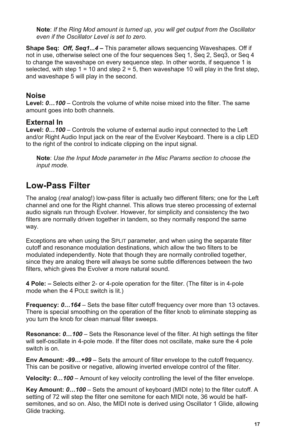 Low-pass filter, Noise, External in | Dave Smith Instruments MONO EVOLVER KEYBOARD User Manual | Page 23 / 64