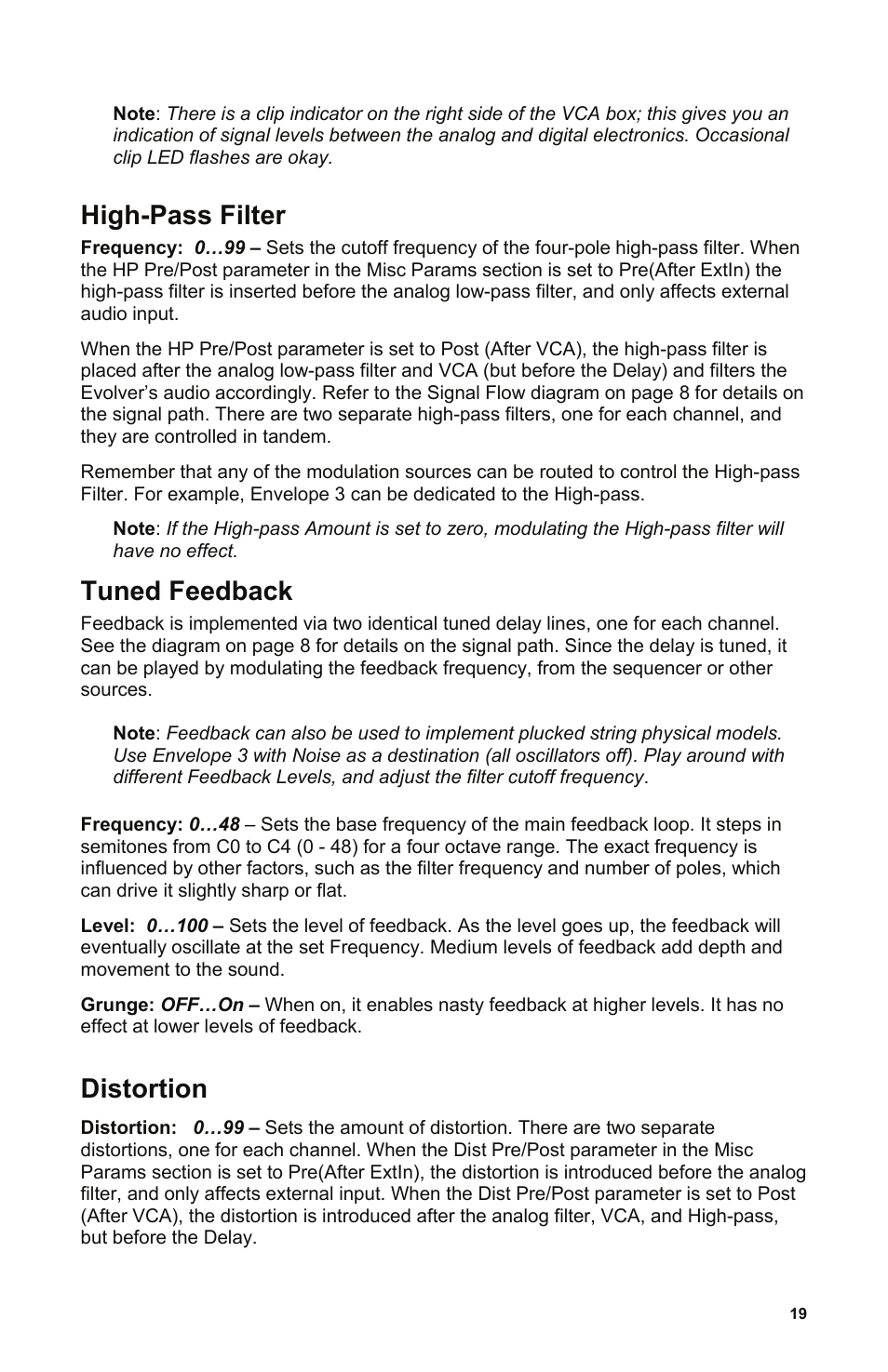 High-pass filter, Tuned feedback, Distortion | Dave Smith Instruments MONO EVOLVER KEYBOARD User Manual | Page 25 / 64