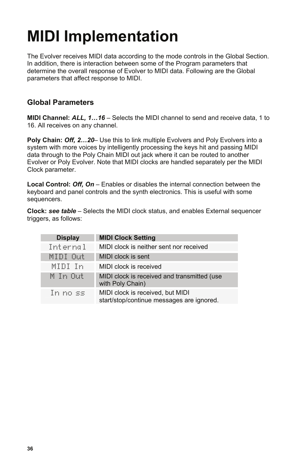 Midi implementation, Global parameters | Dave Smith Instruments MONO EVOLVER KEYBOARD User Manual | Page 42 / 64
