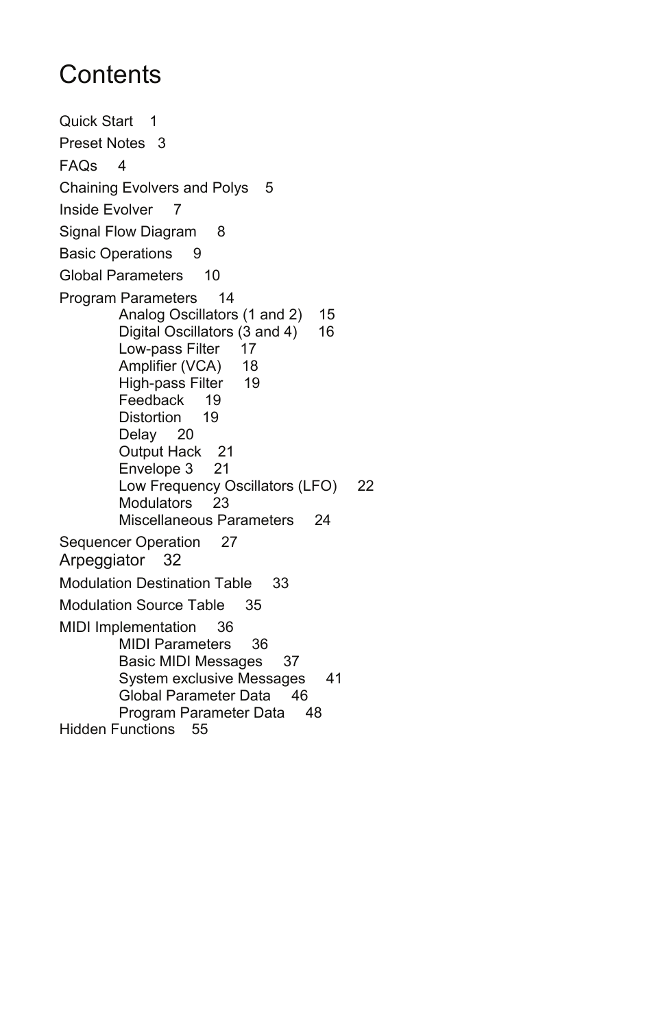 Quick start 1, Faqs 4, Inside evolver 7 | Signal flow diagram 8, Global parameters 10, Program parameters 14, Sequencer operation 27, Arpeggiator 28, Modulation destination table 28, Modulation source table 28 | Dave Smith Instruments MONO EVOLVER KEYBOARD User Manual | Page 5 / 64