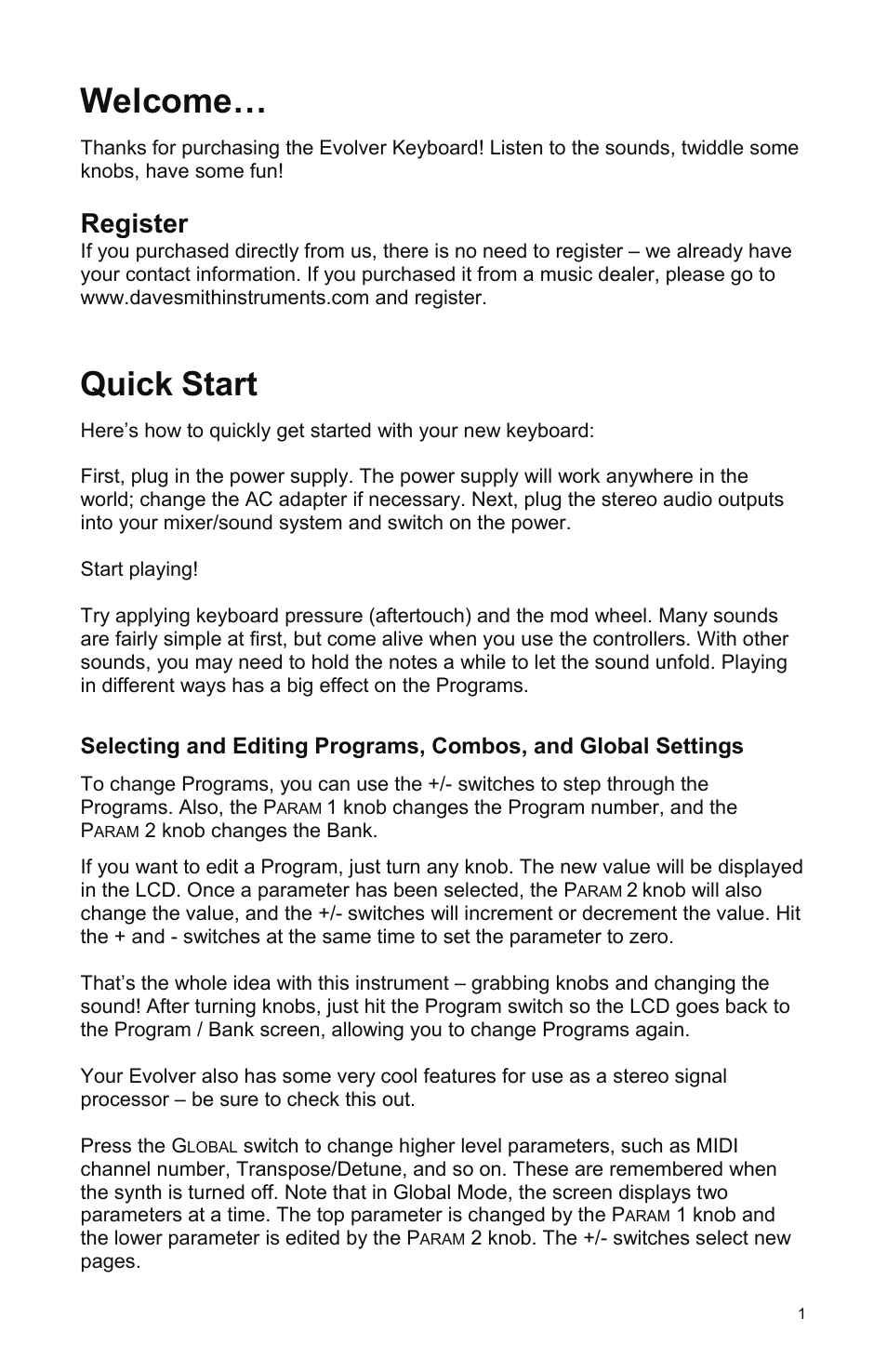 Welcome, Register, Quick start | Quick, Start | Dave Smith Instruments MONO EVOLVER KEYBOARD User Manual | Page 7 / 64