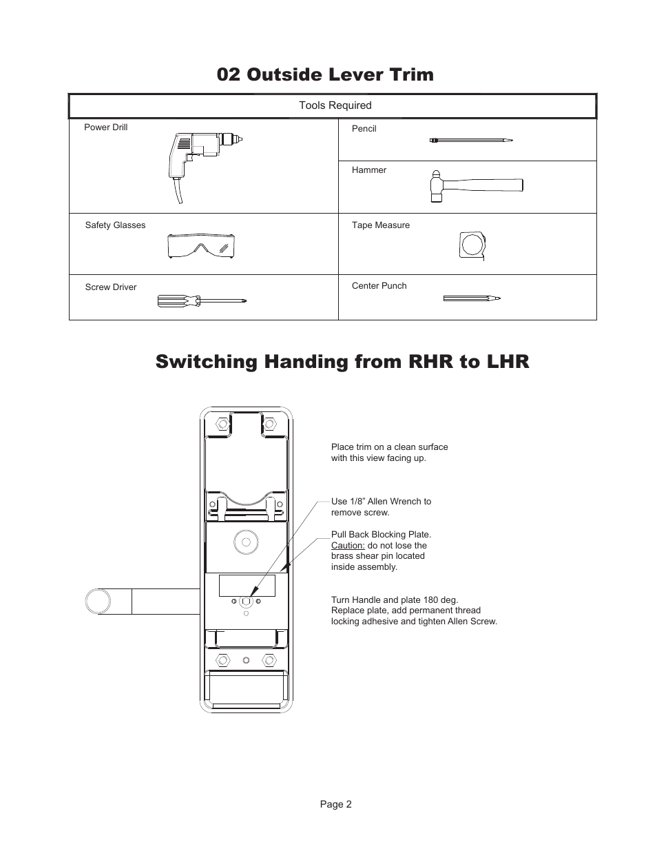 Switching handing from rhr to lhr, 02 outside lever trim | Detex 02DV Trim User Manual | Page 2 / 3