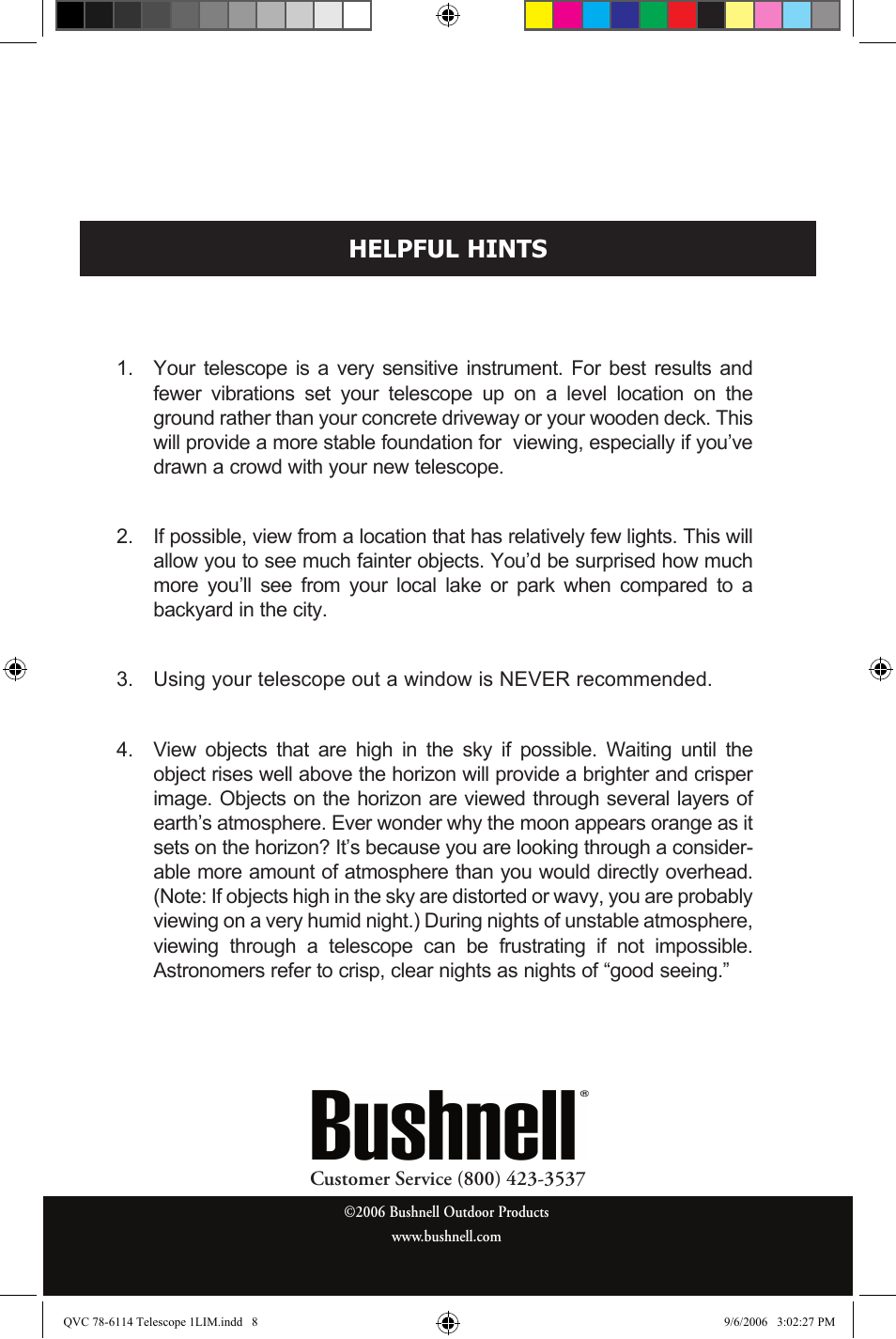 Helpful hints | Bushnell 78-6114 User Manual | Page 8 / 9