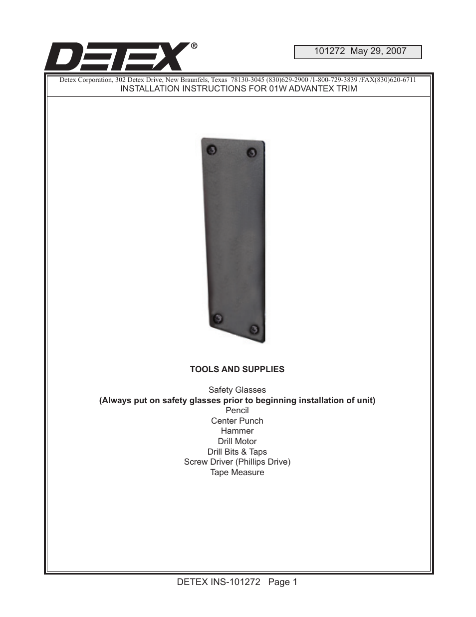 Detex 01W Trim User Manual | 2 pages