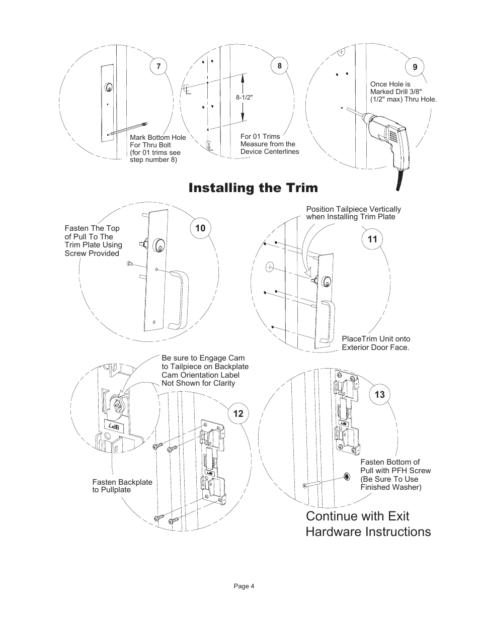 Installing the trim, Continue with exit hardware instructions | Detex CNV Trim User Manual | Page 4 / 6