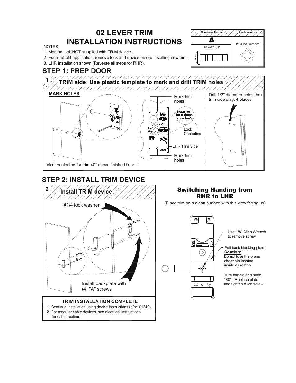 02 lever trim installation instructions, Step 1: prep door, Step 2: install trim device | Install trim device, Switching handing from rhr to lhr | Detex 02DM Trim User Manual | Page 2 / 2