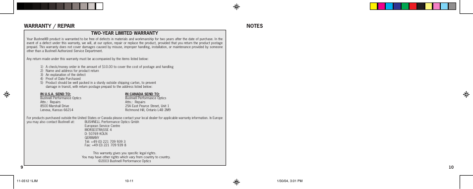 Warranty / repair | Bushnell 11-0512 User Manual | Page 6 / 7