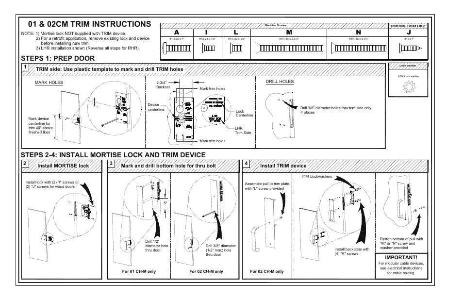 01 & 02cm trim instructions, Steps 1: prep door, Steps 2-4: install mortise lock and trim device | Important, Install trim device 4 | Detex 02CM Trim User Manual | Page 2 / 2