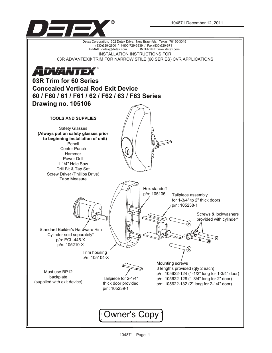 Detex 03R Trim for 60 Series User Manual | 3 pages