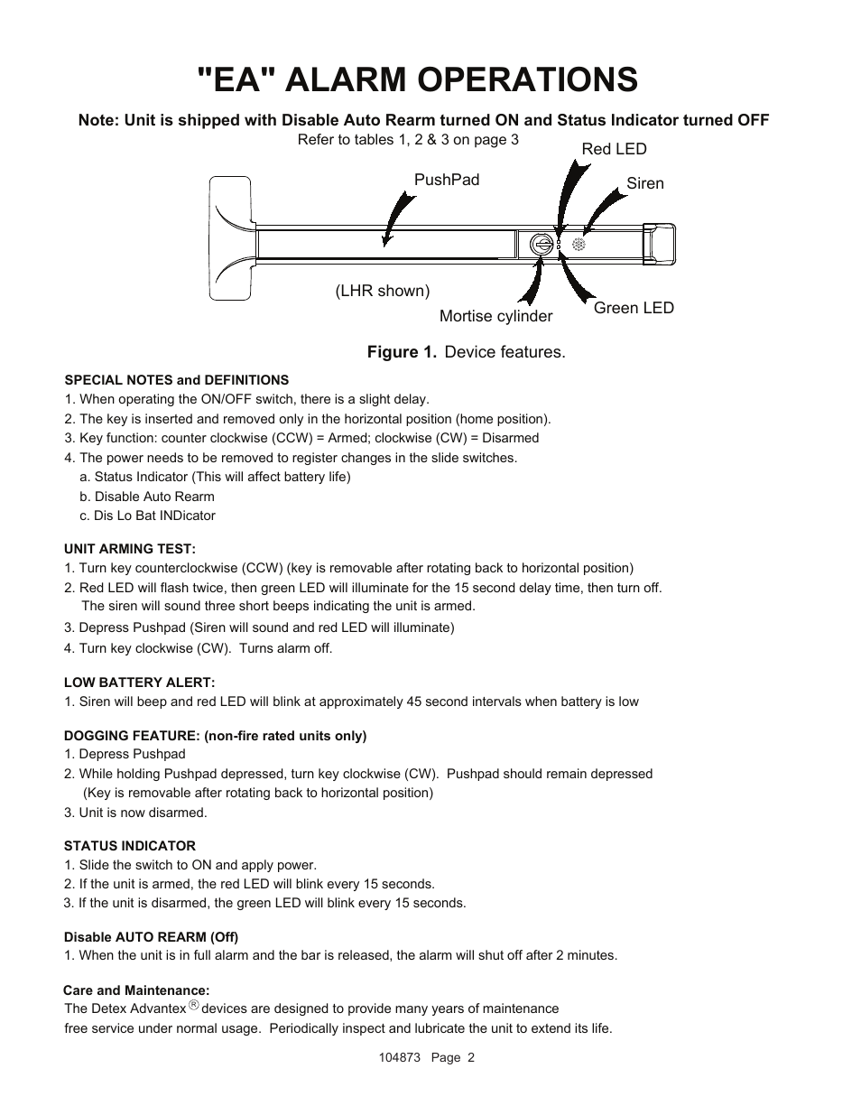 Ea" alarm operations | Detex Exit Switch - Weatherized User Manual | Page 2 / 7