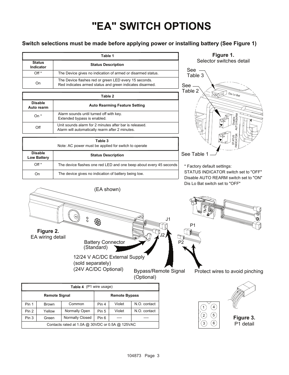 Ea" switch options, Figure 2, Figure 3 | Figure 1, Standard), Battery connector, Ea wiring detail, P1 detail, Protect wires to avoid pinching, Ea shown) | Detex Exit Switch - Weatherized User Manual | Page 3 / 7