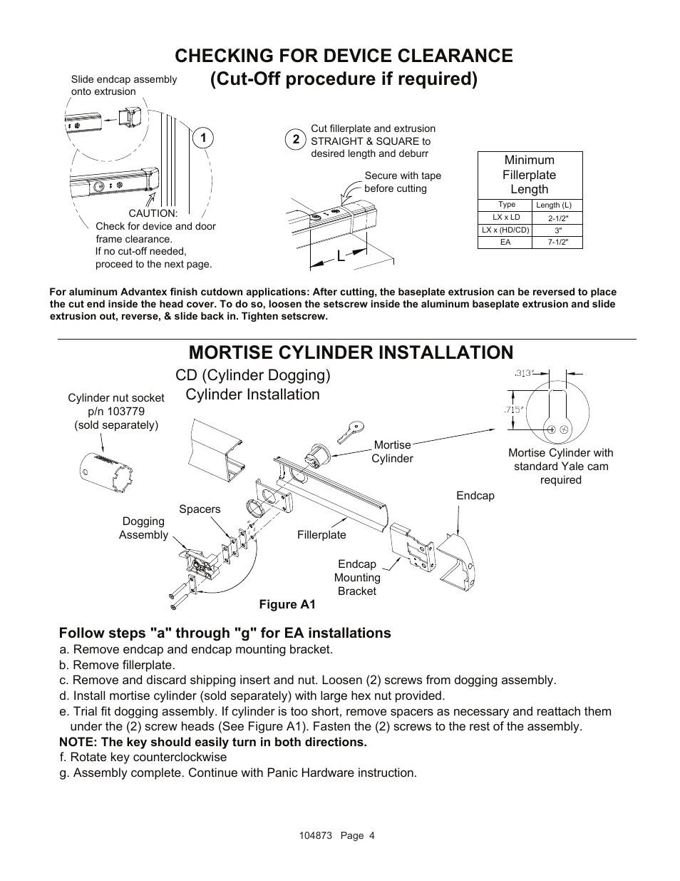 Mortise cylinder installation, Cd (cylinder dogging), Cylinder installation | Follow steps "a" through "g" for ea installations | Detex Exit Switch - Weatherized User Manual | Page 4 / 7