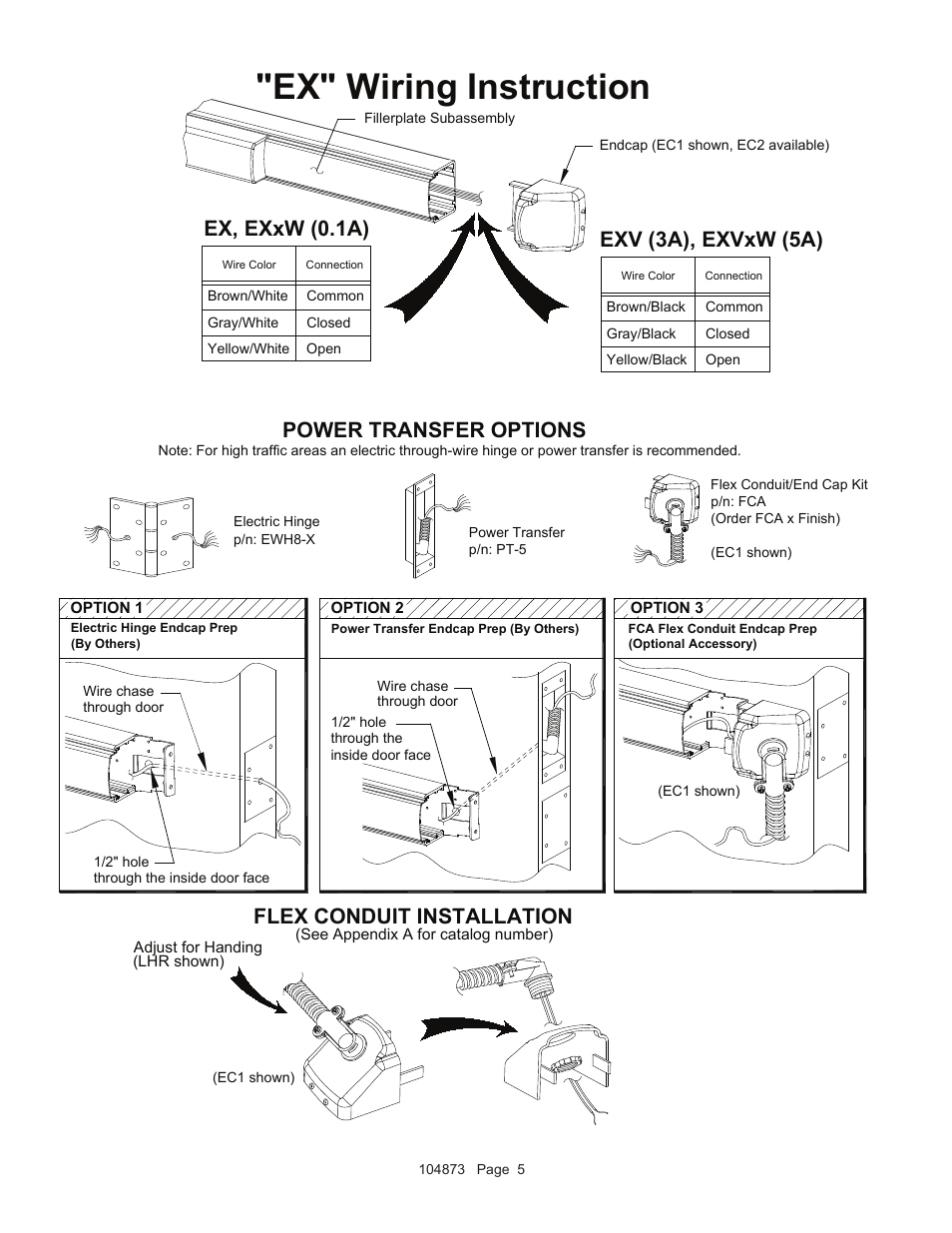 Ex" wiring instruction, Flex conduit installation, Power transfer options | Ex, exxw (0.1a) exv (3a), exvxw (5a) | Detex Exit Switch - Weatherized User Manual | Page 5 / 7