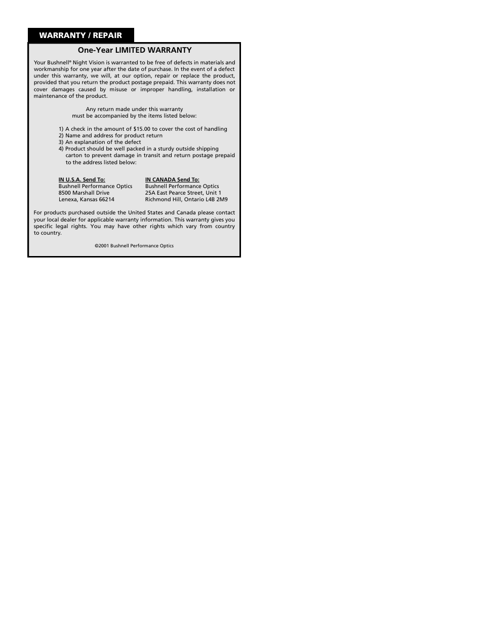 Warranty / repair one-year limited warranty | Bushnell 26-2440 User Manual | Page 2 / 2
