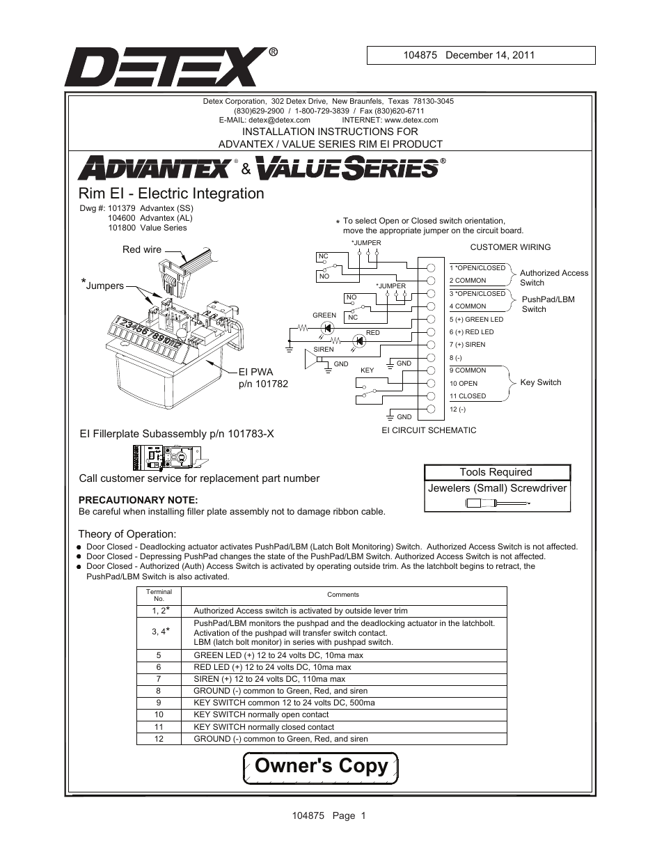 Detex Electric Integration User Manual | 1 page