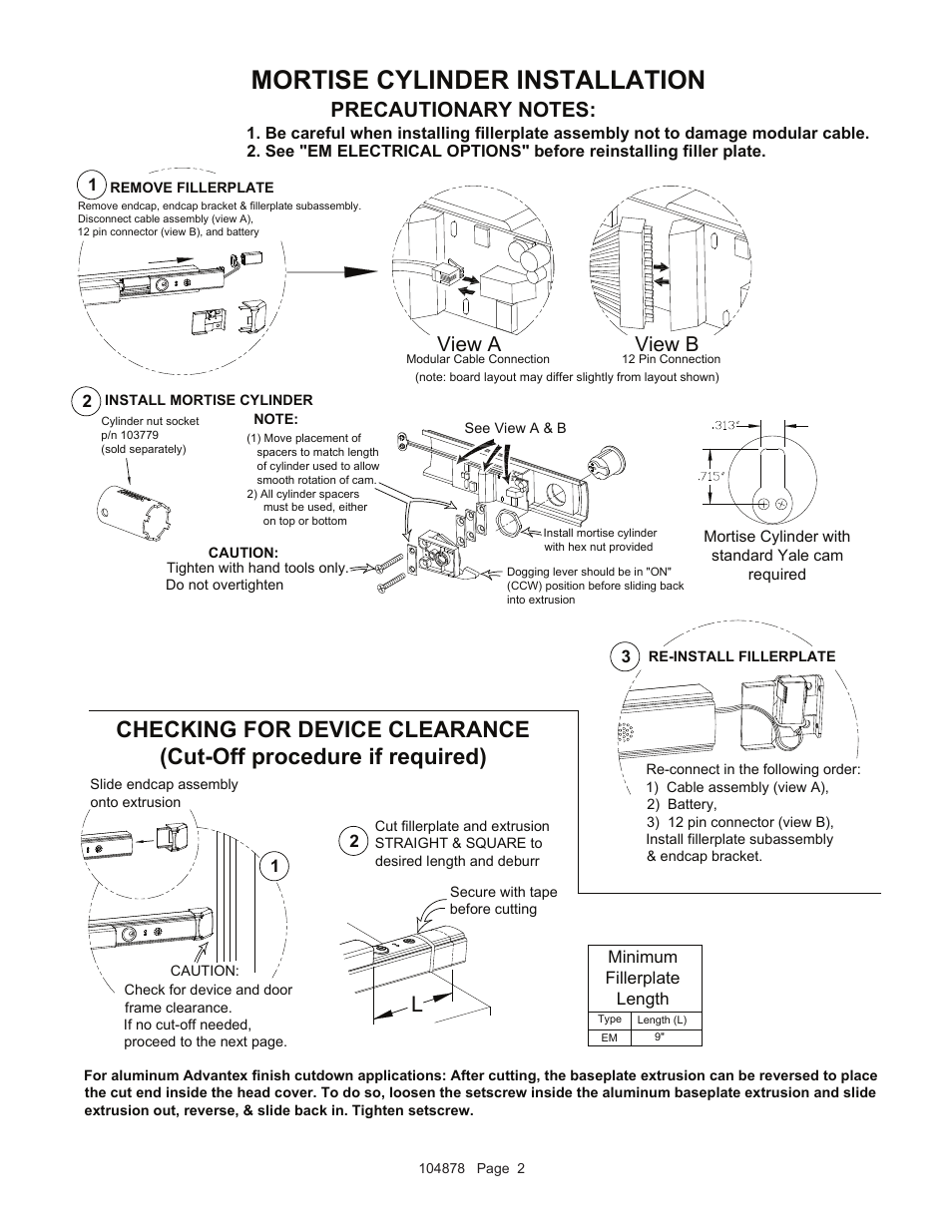 Mortise cylinder installation, View a view b | Detex Delayed Egress With Magnetic Lock User Manual | Page 2 / 7