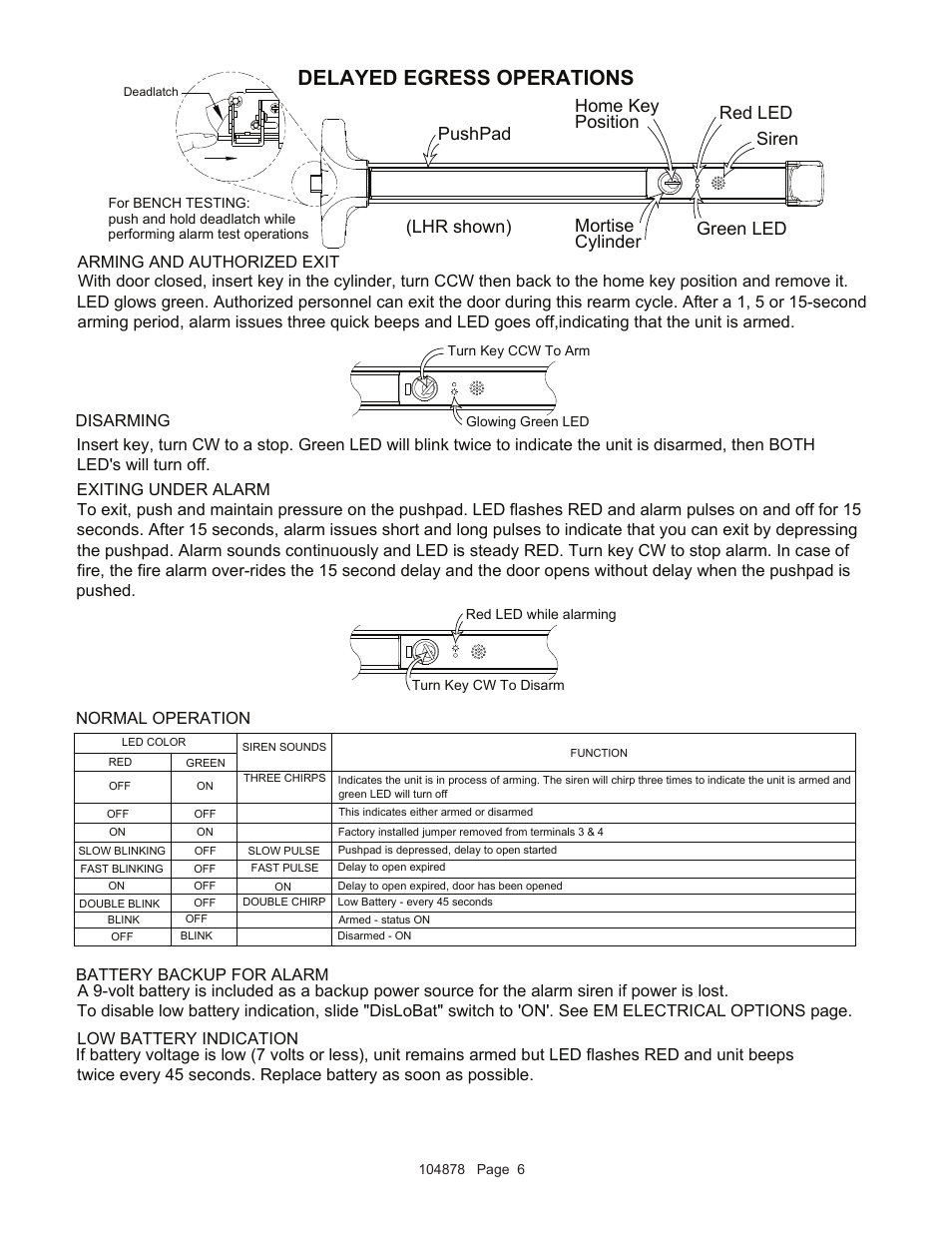 Delayed egress operations, Green led, Cylinder mortise | Lhr shown), Home key position, Pushpad red led siren | Detex Delayed Egress With Magnetic Lock User Manual | Page 6 / 7