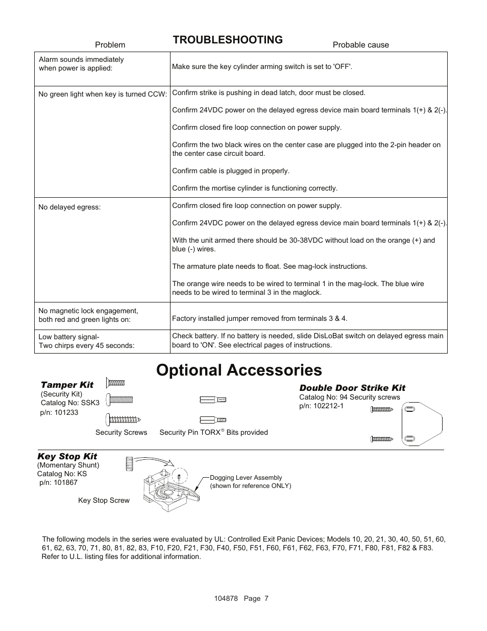 Optional accessories, Troubleshooting | Detex Delayed Egress With Magnetic Lock User Manual | Page 7 / 7