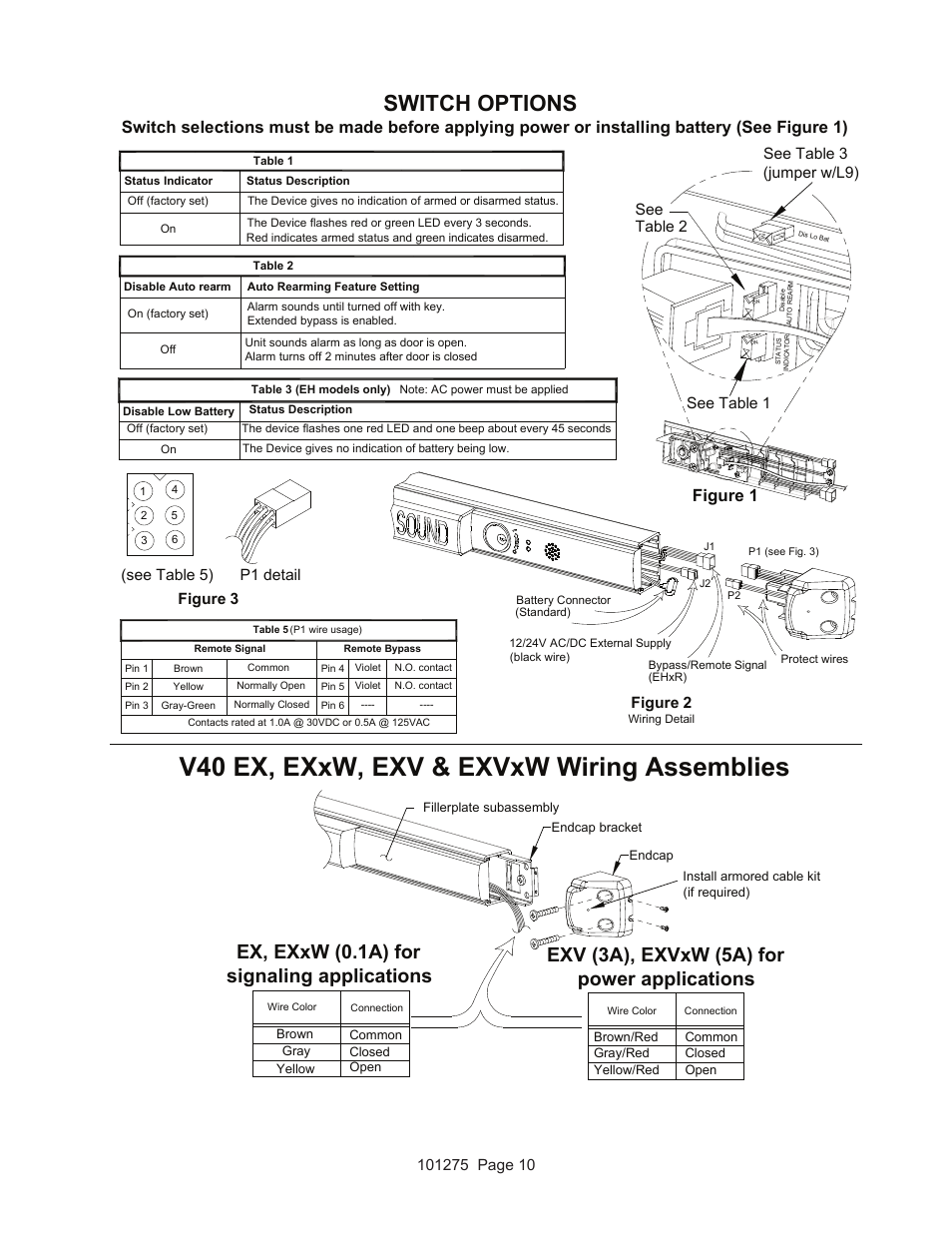 V40 ex, exxw, exv & exvxw wiring assemblies, Switch options, Figure 1 | Figure 3 p1 detail, Figure 2, Table 2 see see table 1, See table 5), See table 3 (jumper w/l9) | Detex V40 EHxR User Manual | Page 10 / 16