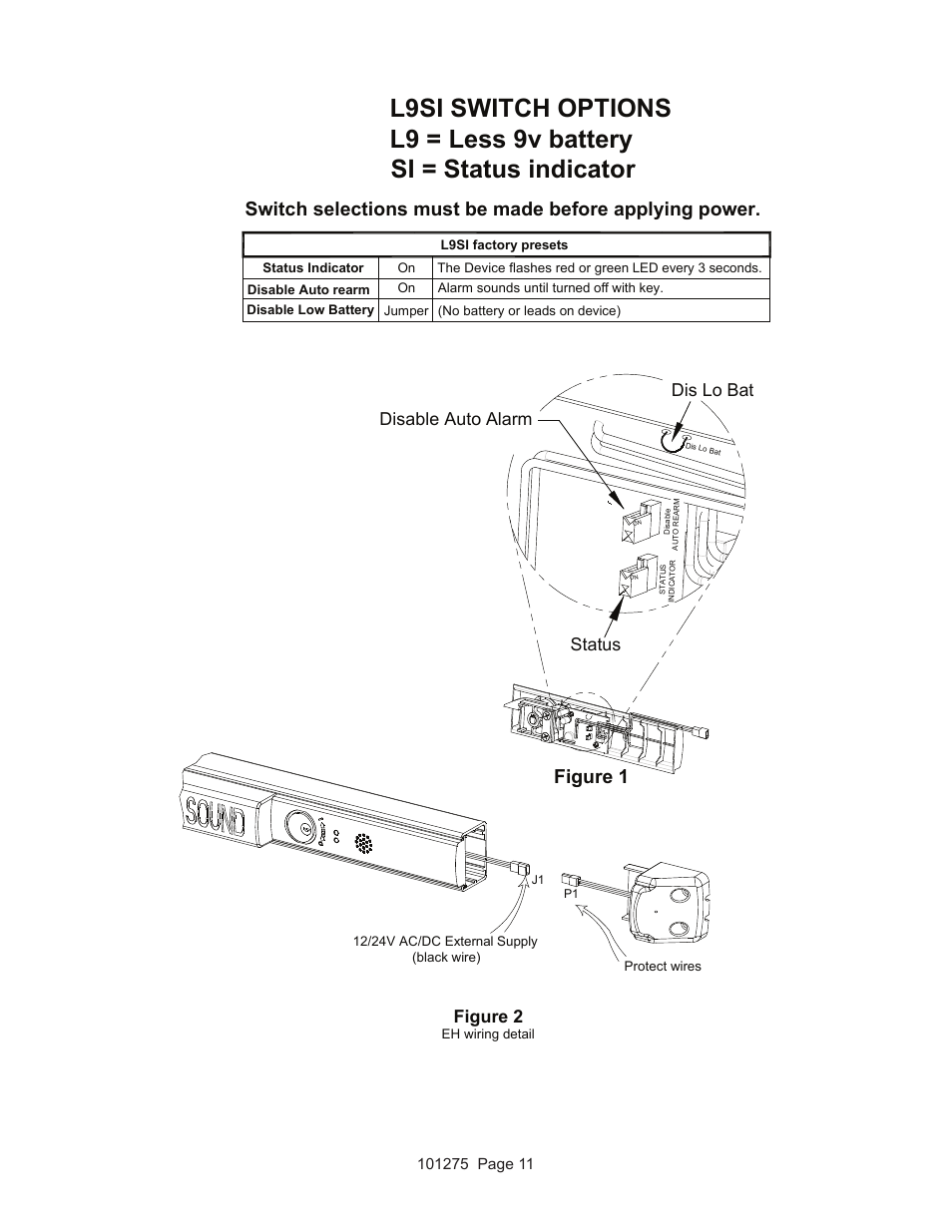 Figure 1, Disable auto alarm, Figure 2 | Status, Dis lo bat | Detex V40 EHxR User Manual | Page 11 / 16