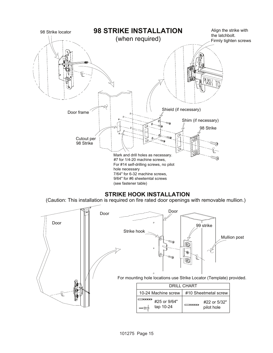 98 strike installation, When required), Strike hook installation | Detex V40 EHxR User Manual | Page 15 / 16