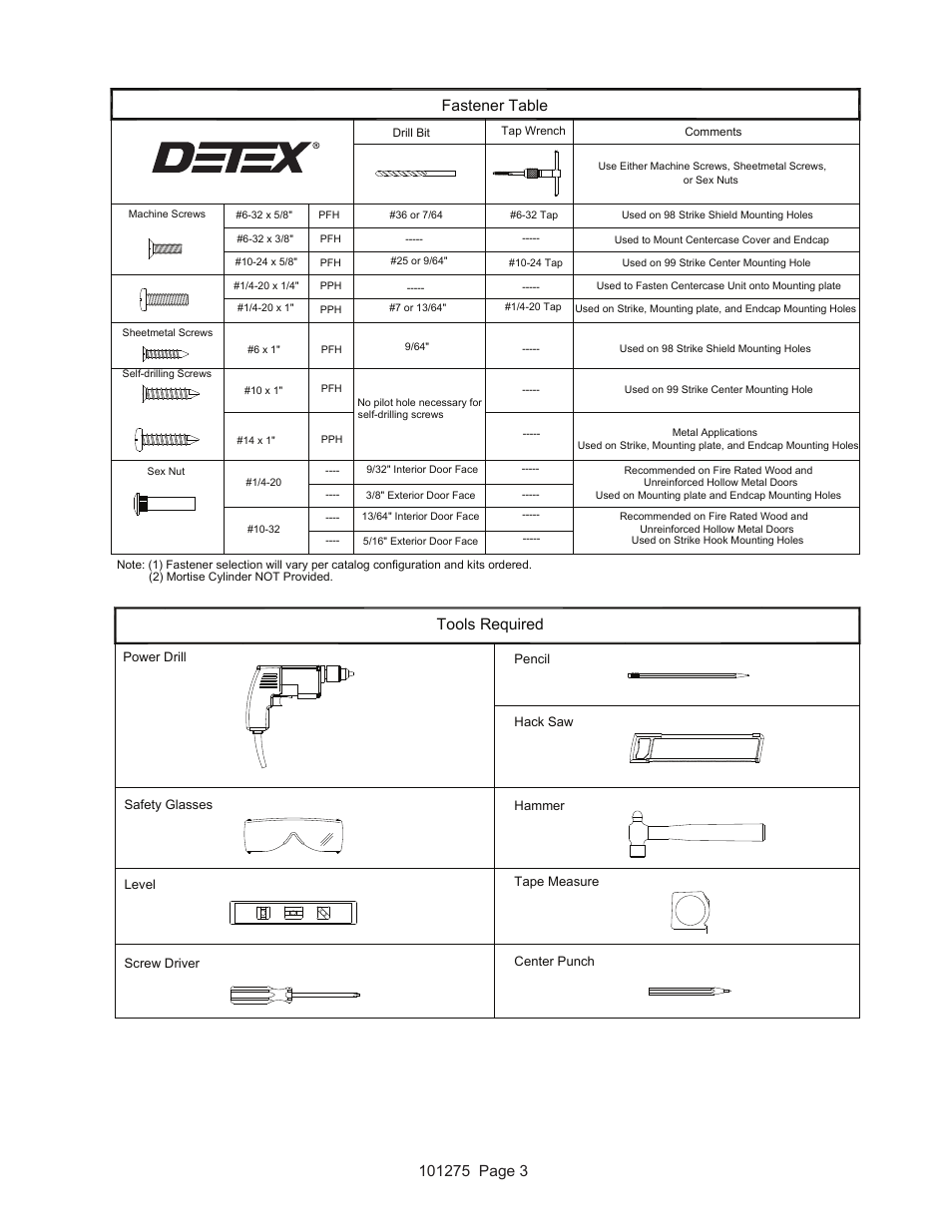 Tools required, Fastener table | Detex V40 EHxR User Manual | Page 3 / 16