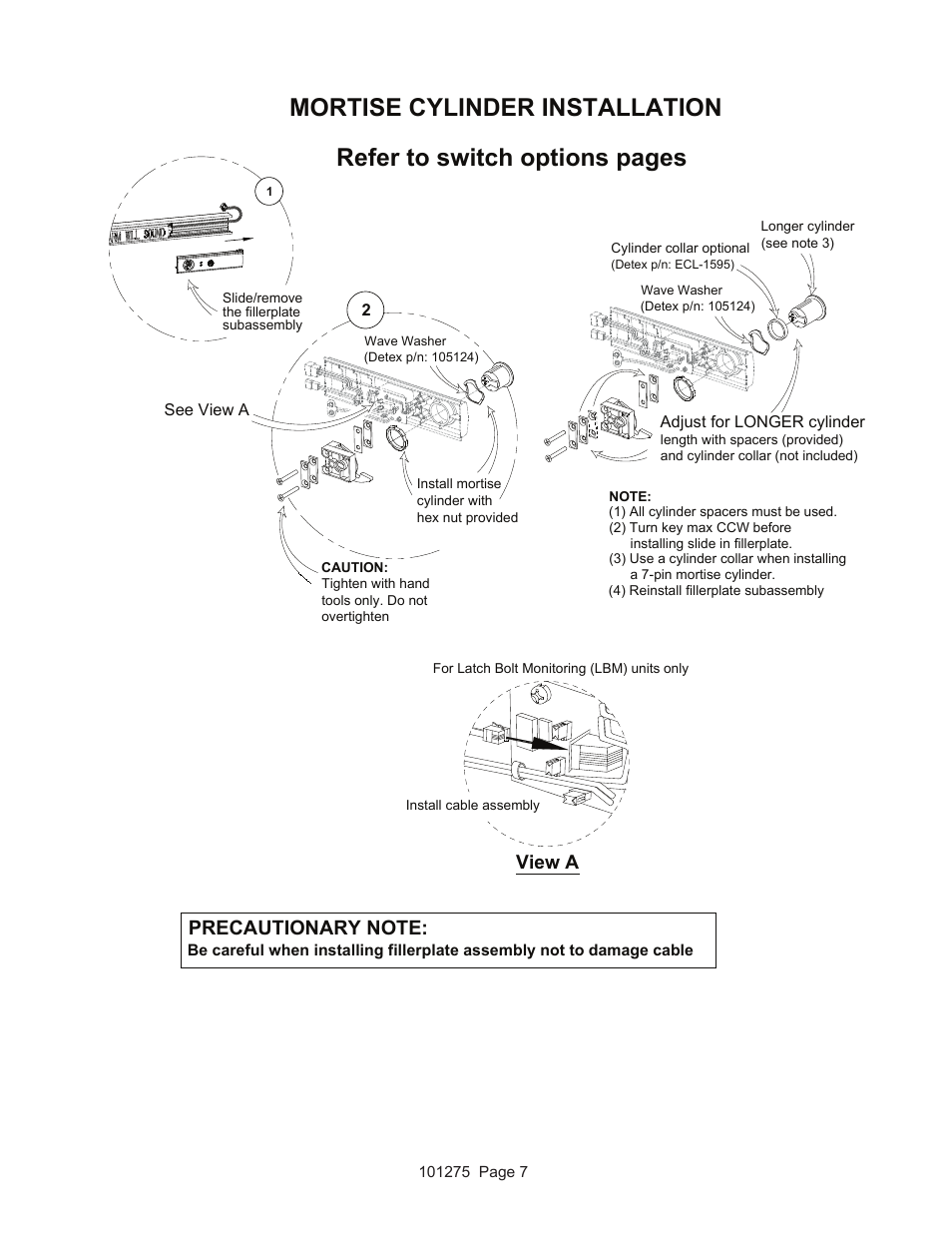 Mortise cylinder installation, Refer to switch options pages, View a | Detex V40 EHxR User Manual | Page 7 / 16