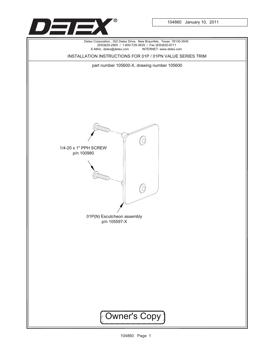 Detex 01PN Trim User Manual | 2 pages