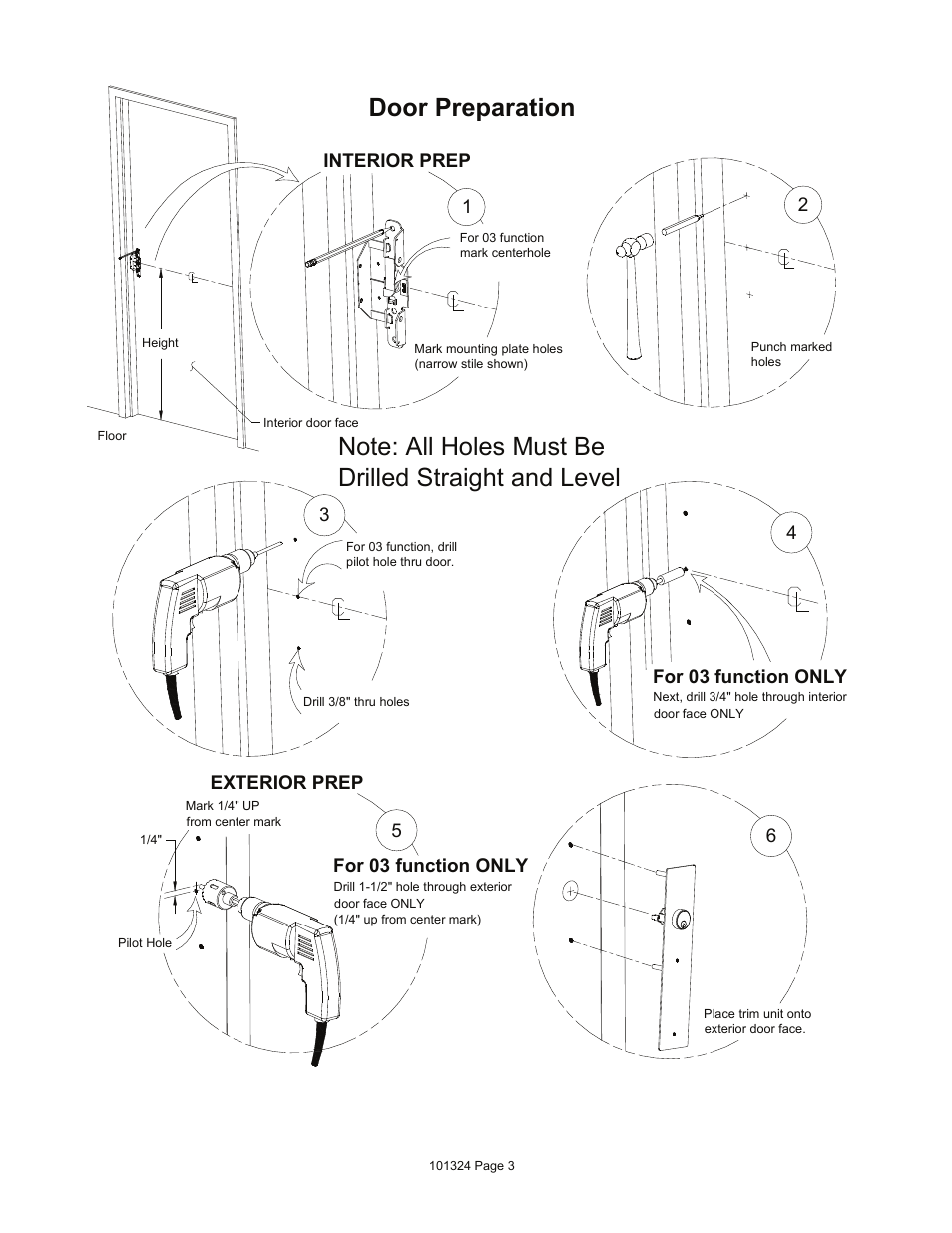 Door preparation, 5for 03 function only, 2for 03 function only | Interior prep, Exterior prep | Detex 02AN Trim User Manual | Page 3 / 4