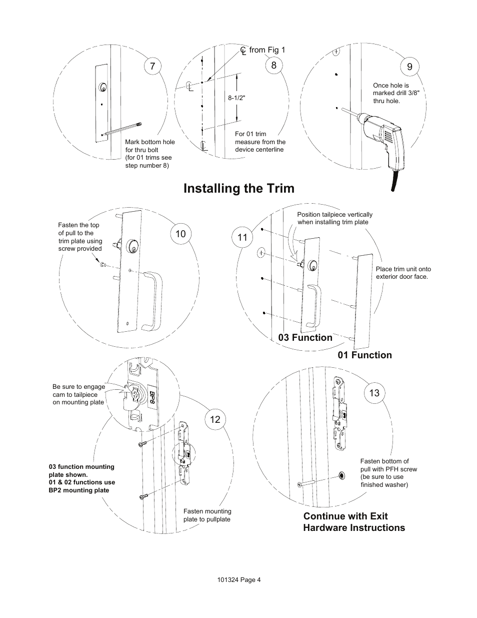 Installing the trim, Continue with exit hardware instructions | Detex 02AN Trim User Manual | Page 4 / 4