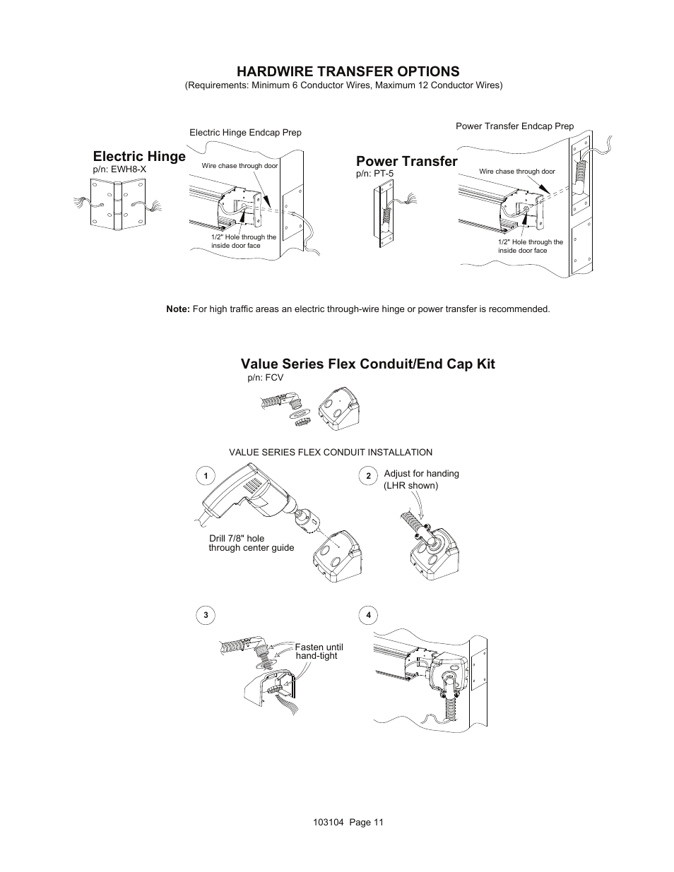 Power transfer electric hinge, Value series flex conduit/end cap kit, Hardwire transfer options | Detex V40 ER User Manual | Page 11 / 13