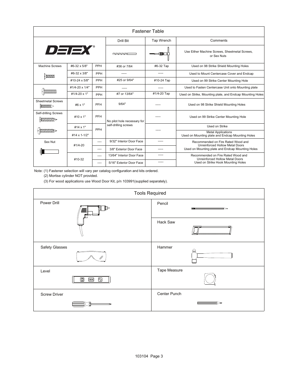 Tools required, Fastener table | Detex V40 ER User Manual | Page 3 / 13