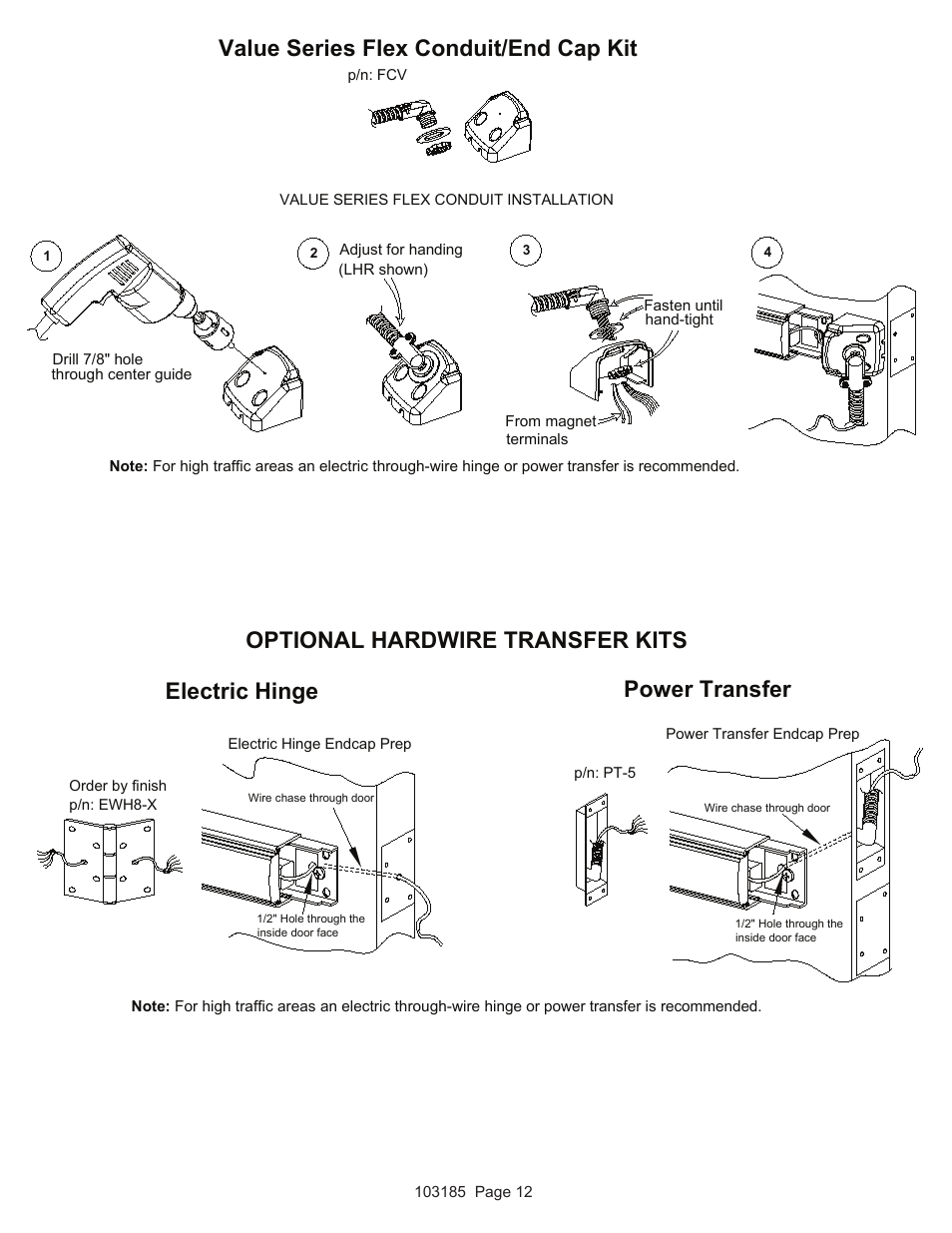 Electric hinge, Value series flex conduit/end cap kit, Optional hardwire transfer kits | Power transfer | Detex V40 EE User Manual | Page 12 / 16