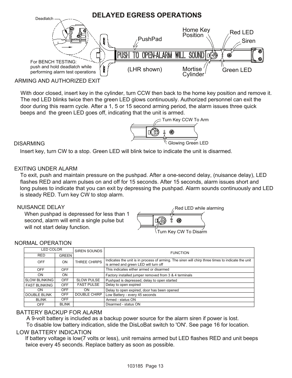 Delayed egress operations, Battery backup for alarm, Low battery indication | Detex V40 EE User Manual | Page 13 / 16