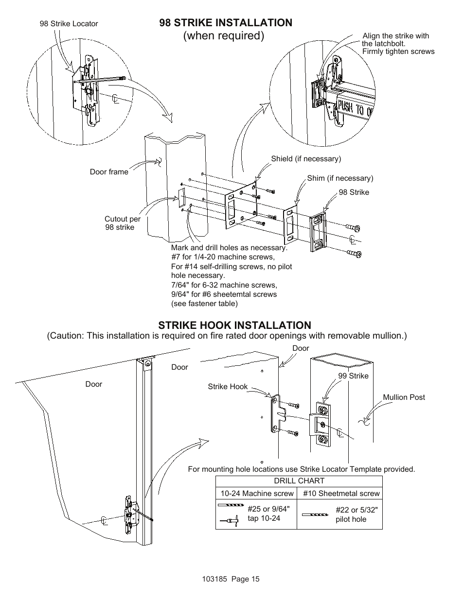 When required), 98 strike installation, Strike hook installation | Detex V40 EE User Manual | Page 15 / 16